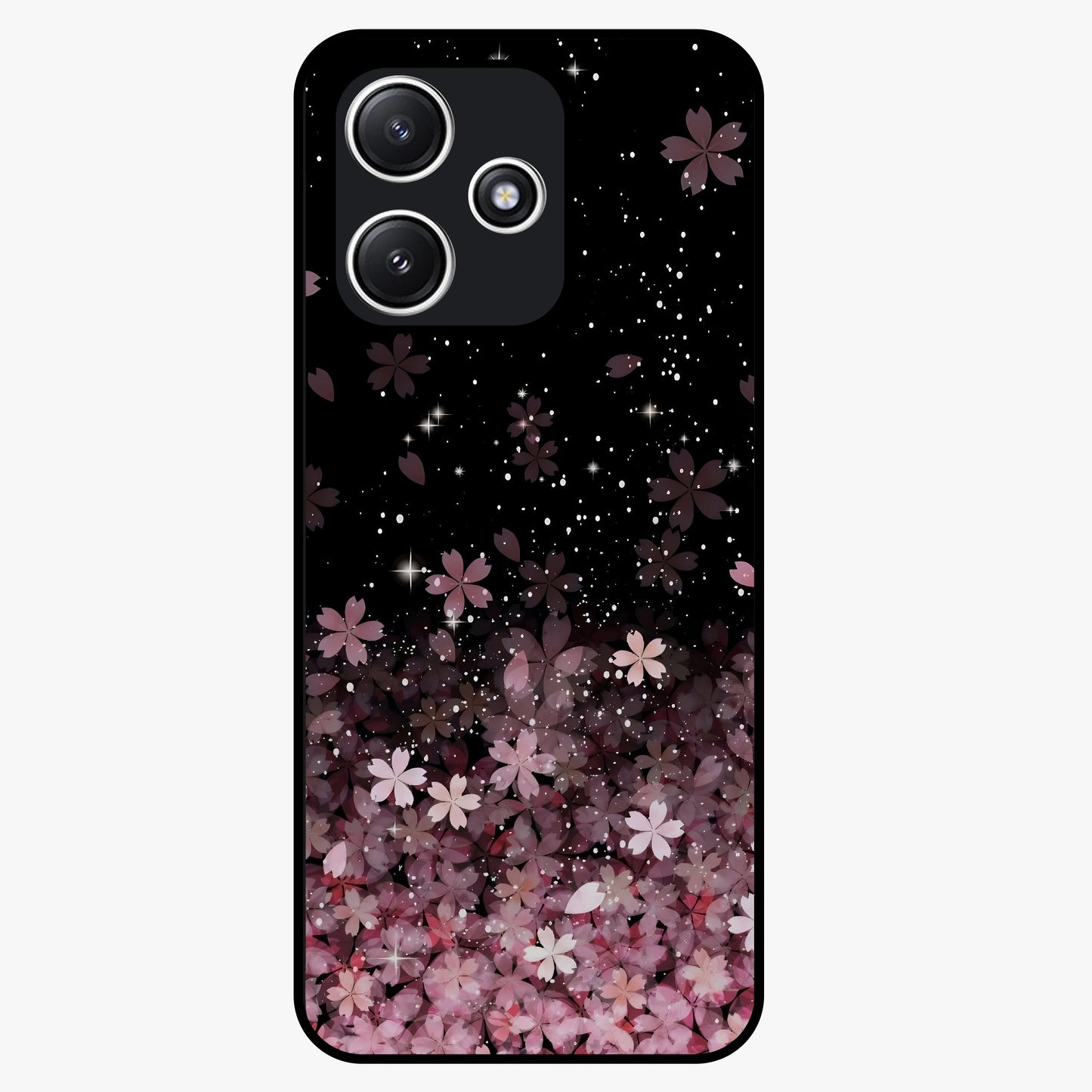 Small Starry Flowers Glass Case showing flat back view with delicate starry floral artwork and glossy glass finish.