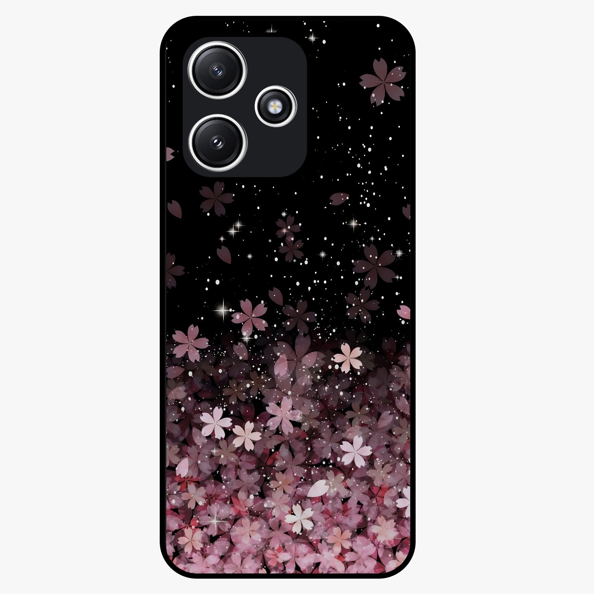 Small Starry Flowers Glass Case showing flat back view with delicate starry floral artwork and glossy glass finish.