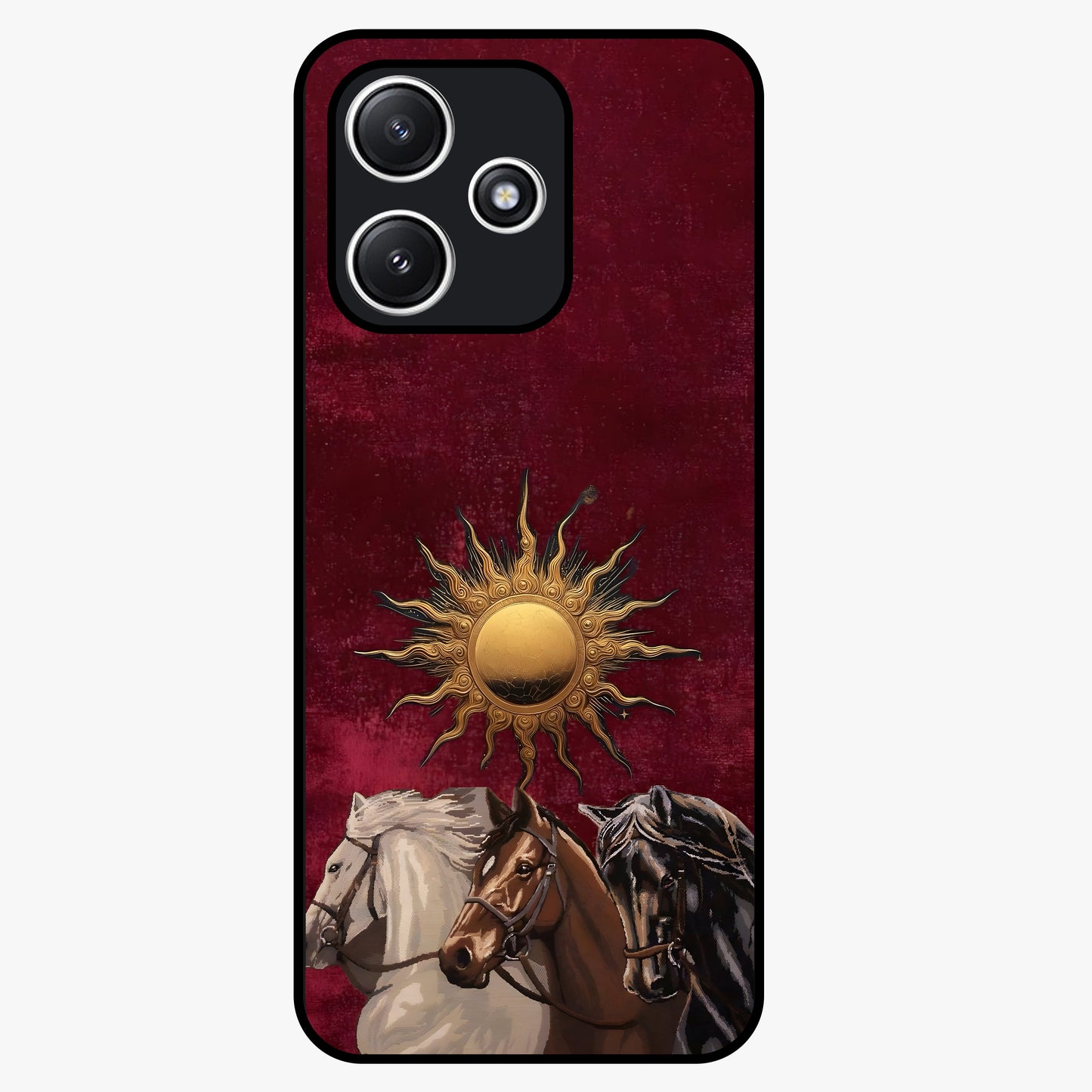 Solar Riders Glass Case showing flat back view with dynamic rider themed artwork and glossy glass finish.