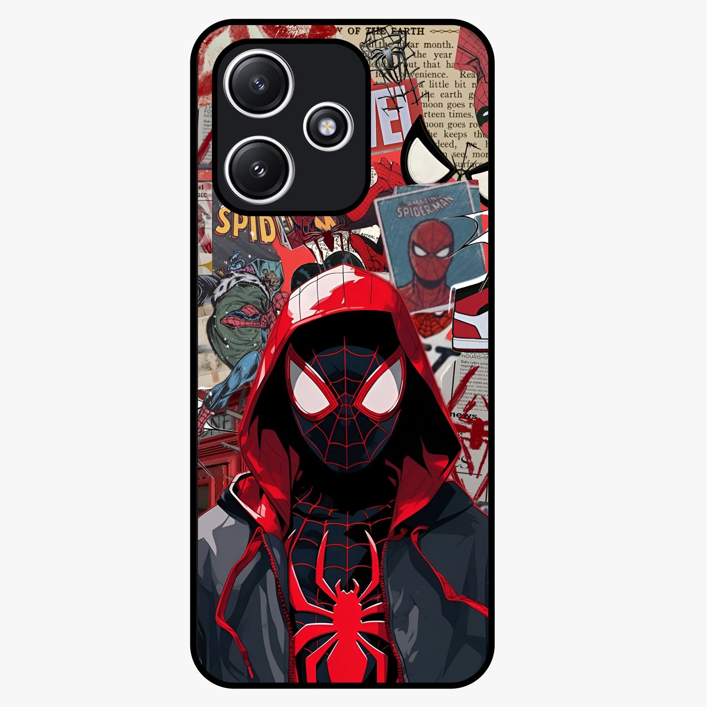 Spider Collage Street Glass Case showing flat back view with vibrant superhero collage artwork and glossy glass finish.