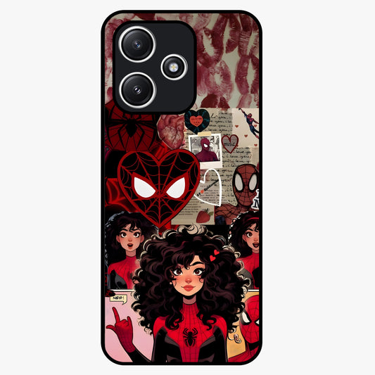 Spider Love Story Glass Case showing flat back view with romantic superhero themed artwork and glossy glass finish.