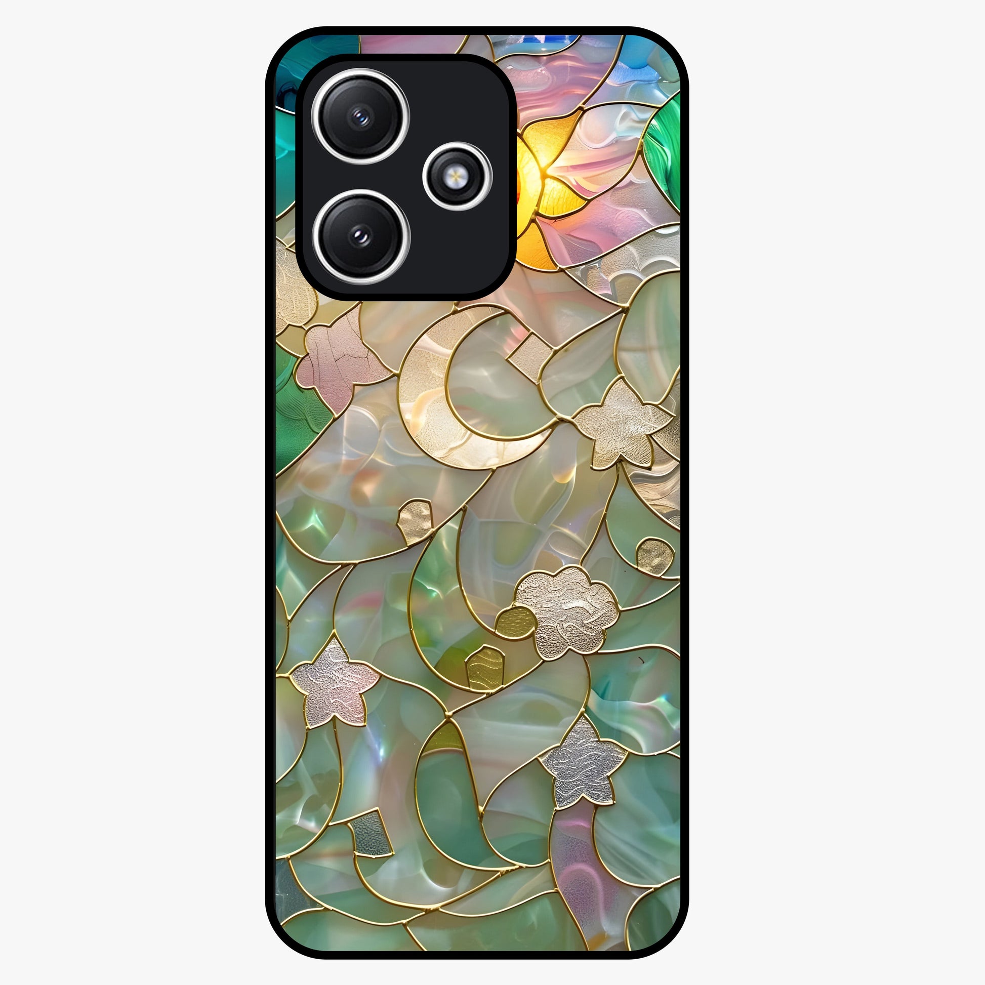 Stained Sunrise Glow Glass Case showing flat back view with glowing sunrise stained pattern artwork and glossy glass finish.
