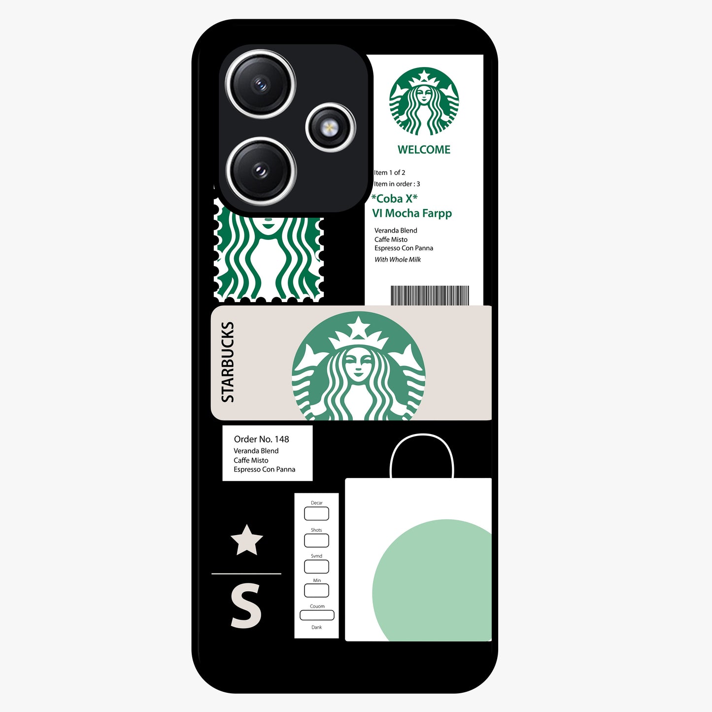 Starbucks Mocha Glass Case showing flat back view with coffee inspired artwork and glossy glass finish.