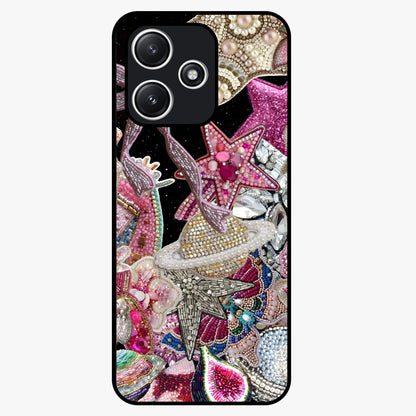 Starlit Jewel Dream Glass Case showing flat back view with sparkling jewel and star themed artwork and glossy glass finish.