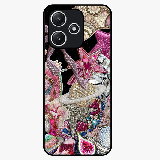 Starlit Jewel Dream Glass Case showing flat back view with sparkling jewel and star themed artwork and glossy glass finish.