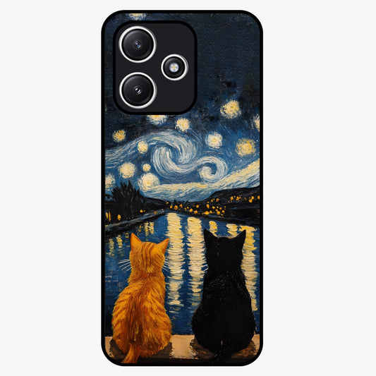 Starry River Cats Glass Case showing flat back view with cats by a starry river artwork and glossy glass finish.