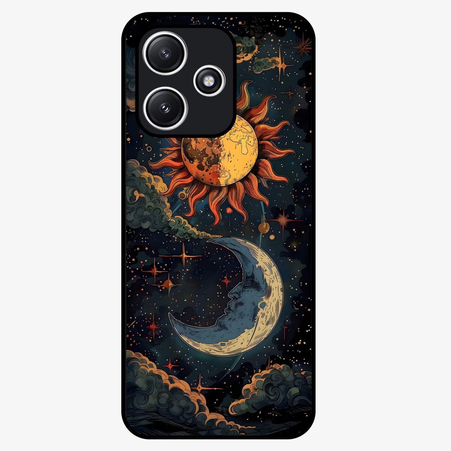 Sun And Moon Magic Design Glass Case showing flat back view with mystical sun and moon artwork and glossy glass finish.