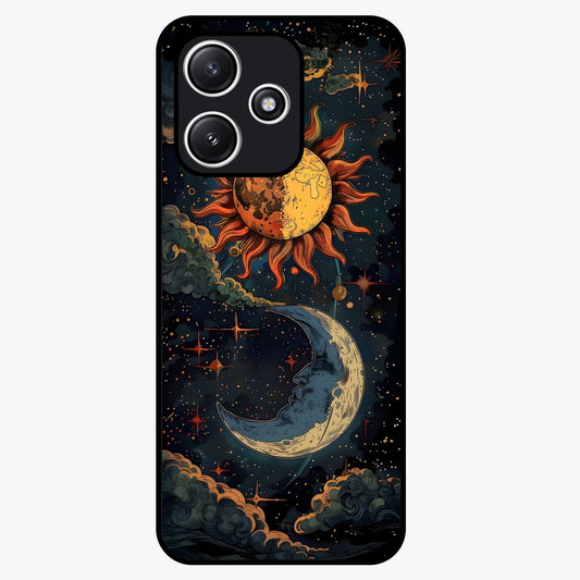 Sun And Moon Magic Design Glass Case showing flat back view with mystical sun and moon artwork and glossy glass finish.