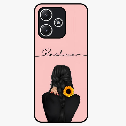 Sunflower Braid Beauty With Custom Name Glass Case showing flat back view with sunflower braid artwork and personalized name design.