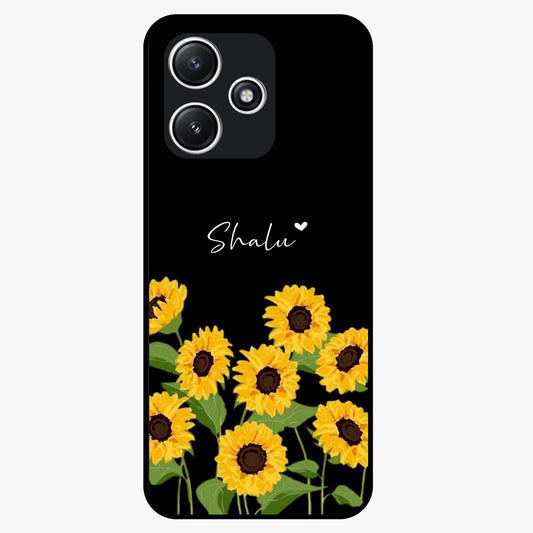 Sunflower Chic Mood Custom Name Glass Case showing flat back view with stylish sunflower artwork and personalized name design.
