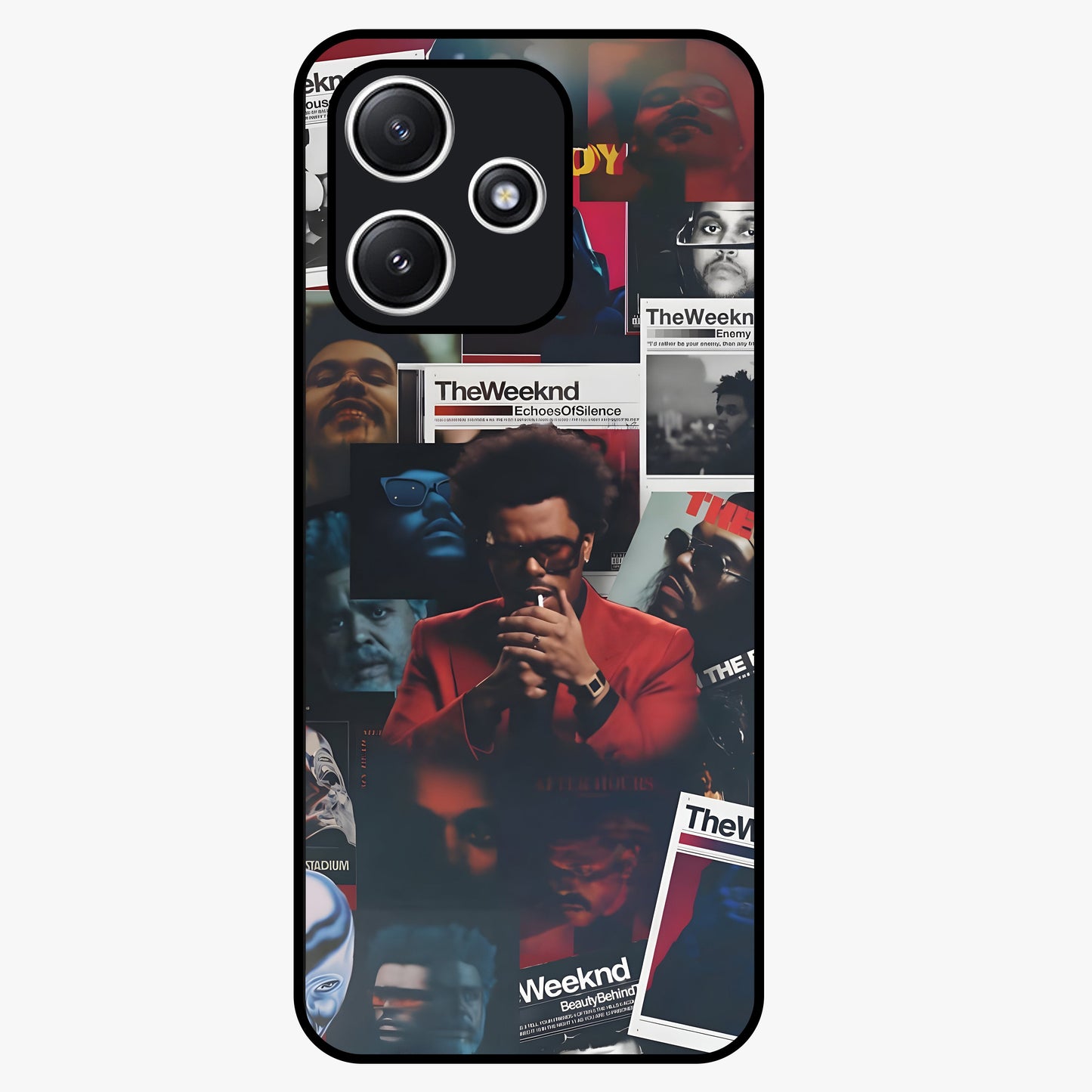 The Weeknd Glass Case showing flat back view with music inspired artistic portrait artwork and glossy glass finish.