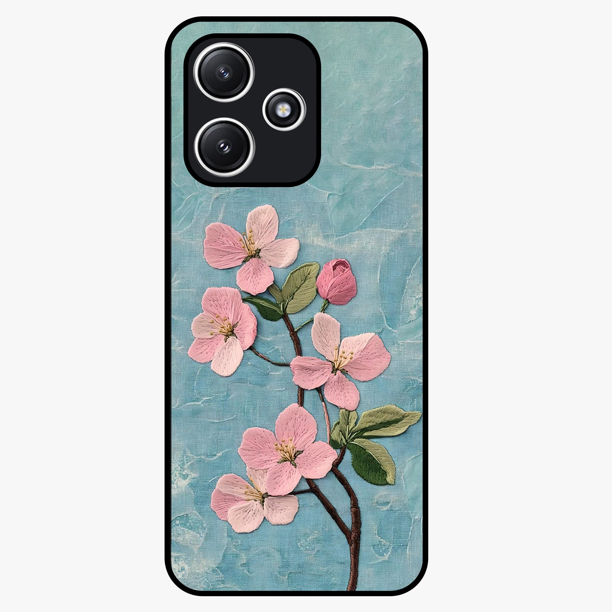 Threaded Blossom Breeze Glass Case showing flat back view with delicate blossom artwork and glossy glass finish.