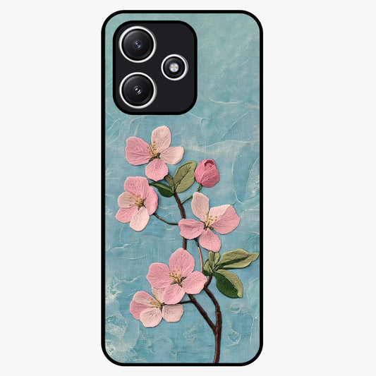 Threaded Blossom Breeze Glass Case showing flat back view with delicate blossom artwork and glossy glass finish.