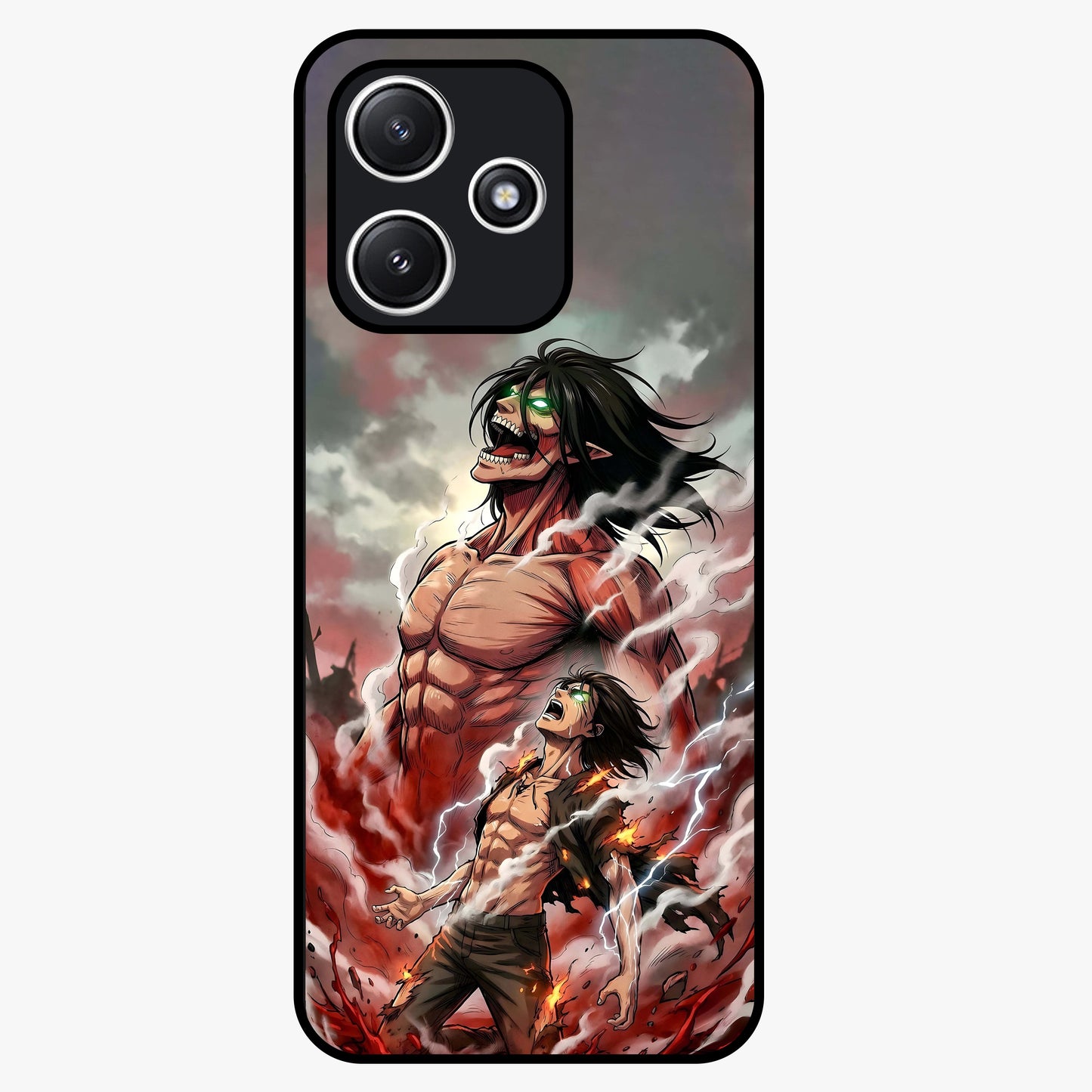Titan Awakening Fury Glass Case showing flat back view with powerful titan inspired artwork and glossy glass finish.