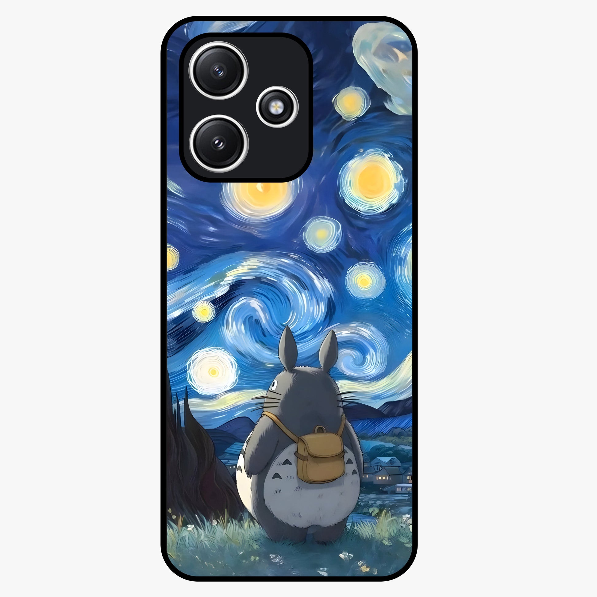 Totoro In Van Gogh Art Glass Case showing flat back view with whimsical character artwork inspired by Van Gogh style and glossy glass finish.