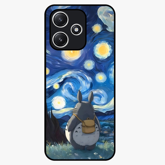 Totoro In Van Gogh Art Glass Case showing flat back view with whimsical character artwork inspired by Van Gogh style and glossy glass finish.