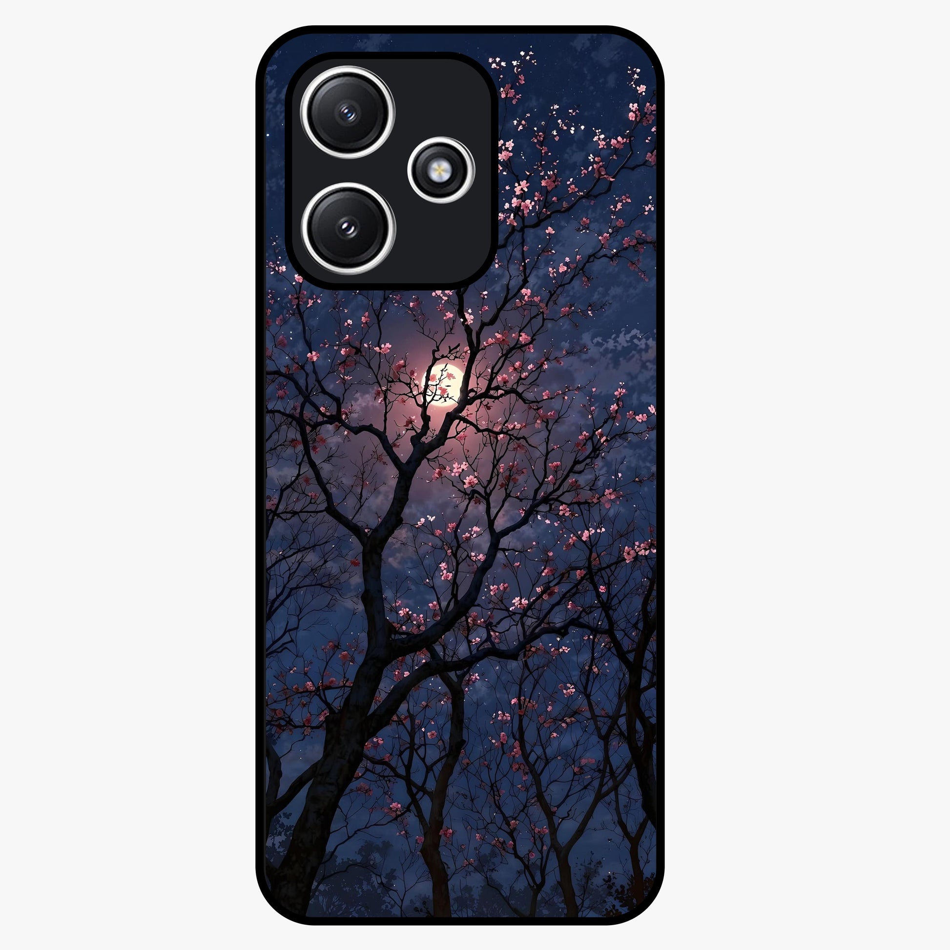 Twilight Sakura Serenade Glass Case showing flat back view with cherry blossom artwork at twilight and glossy glass finish.