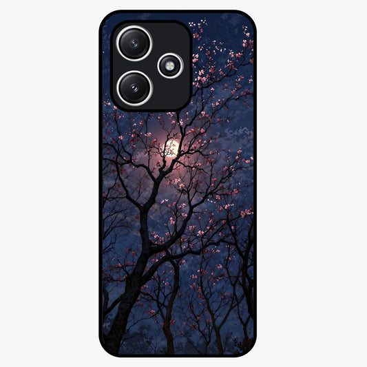 Twilight Sakura Serenade Glass Case showing flat back view with cherry blossom artwork at twilight and glossy glass finish.