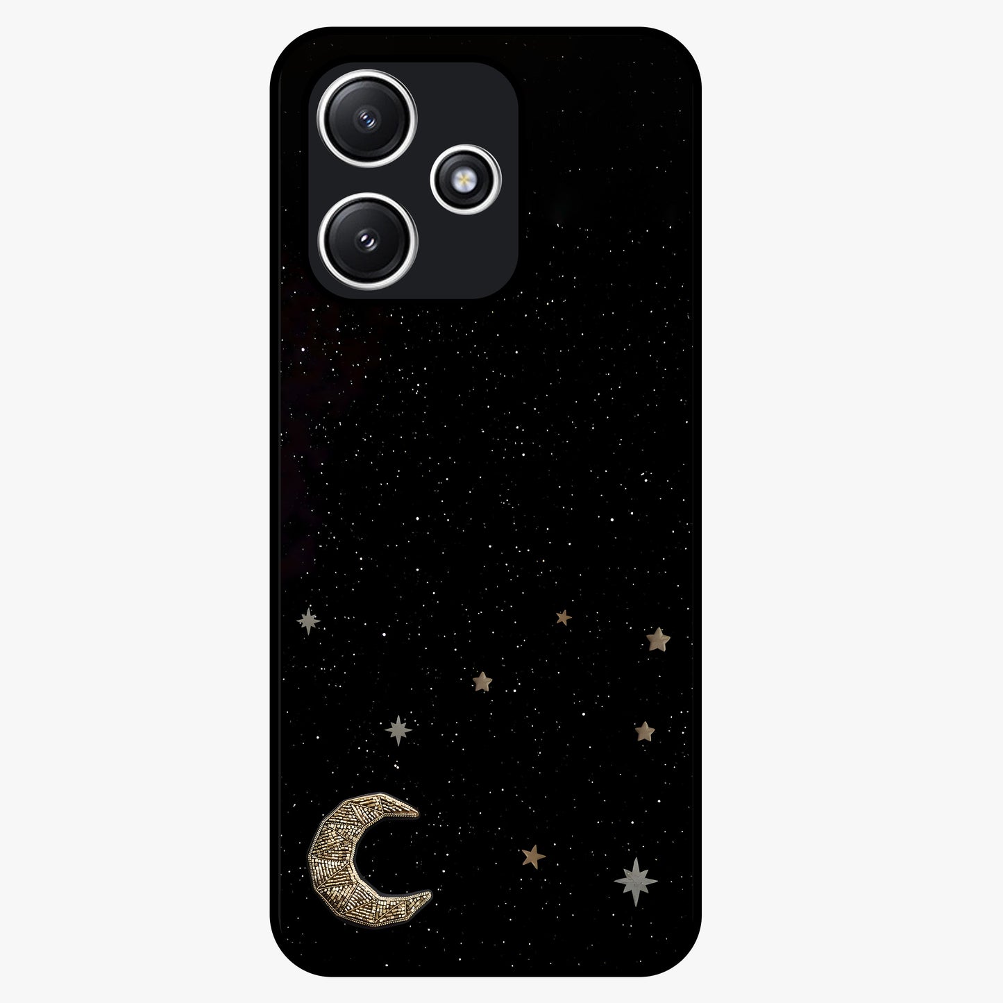 Twinkle Star With Half Moon Glass Case showing flat back view with star and half moon artwork and glossy glass finish.