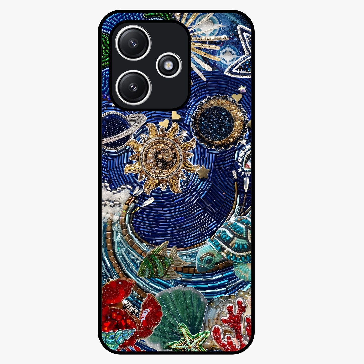 Universe Underwater Spark Glass Case showing flat back view with cosmic underwater themed artwork and glossy glass finish.