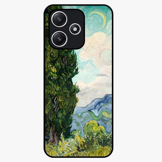 Van Gogh Vintage Art Glass Case showing flat back view with vintage painterly artwork inspired by Van Gogh style and glossy glass finish.