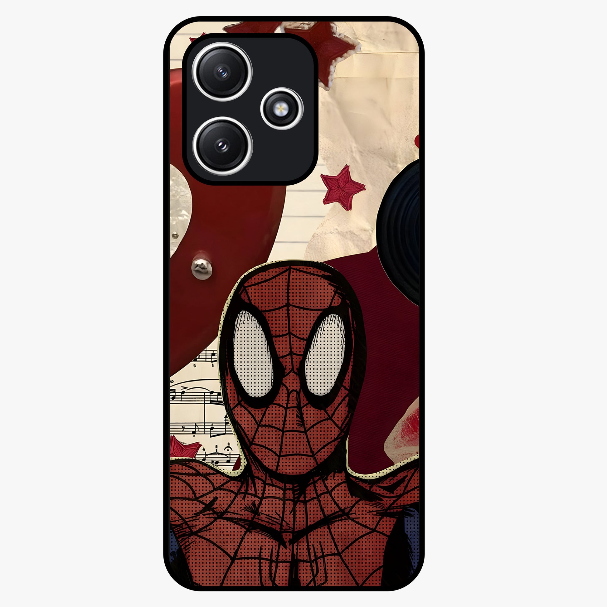 Web Warrior Vibes Glass Case showing flat back view with superhero inspired web themed artwork and glossy glass finish.