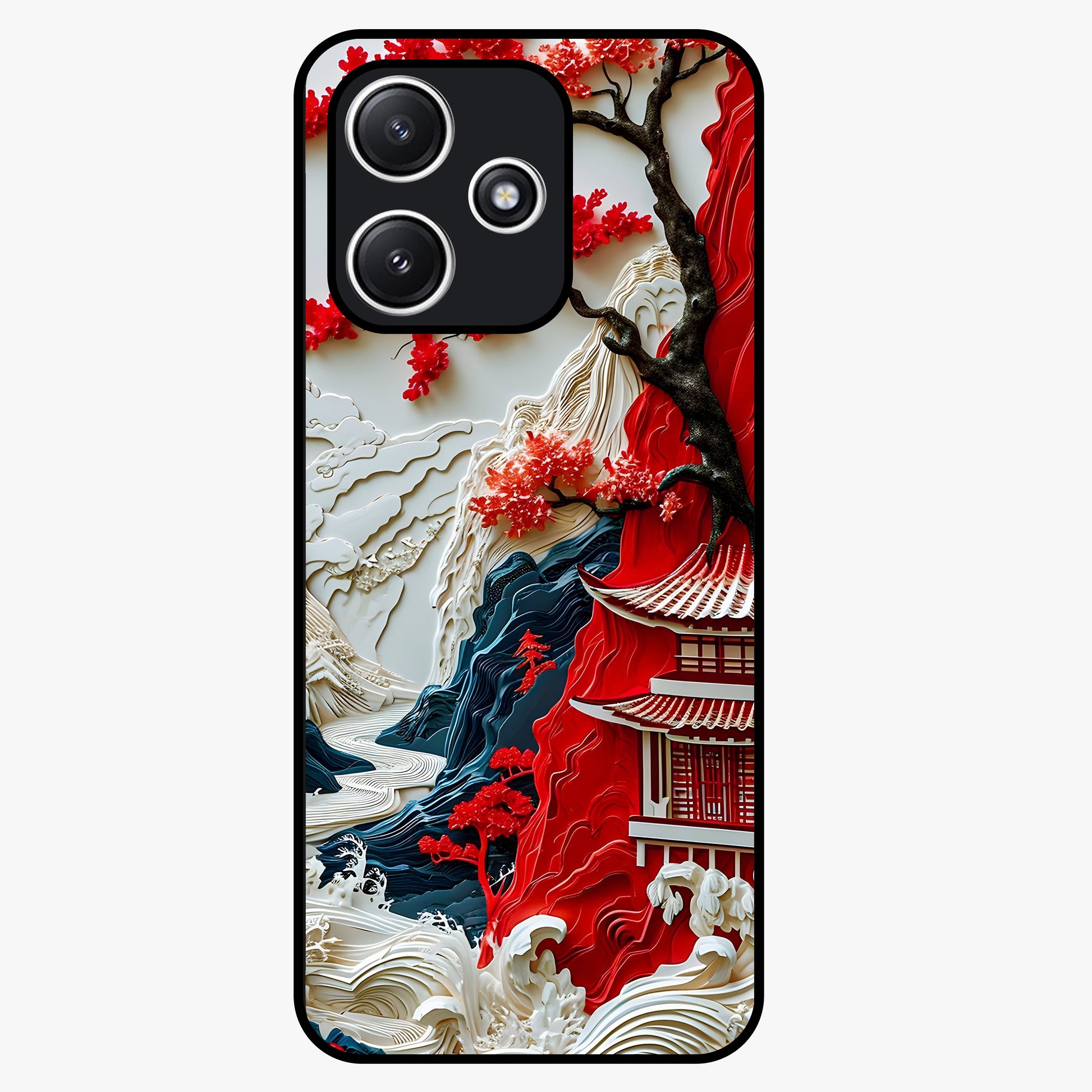 Whispers Of Sakura Waves Glass Case showing flat back view with cherry blossom wave artwork and glossy glass finish.