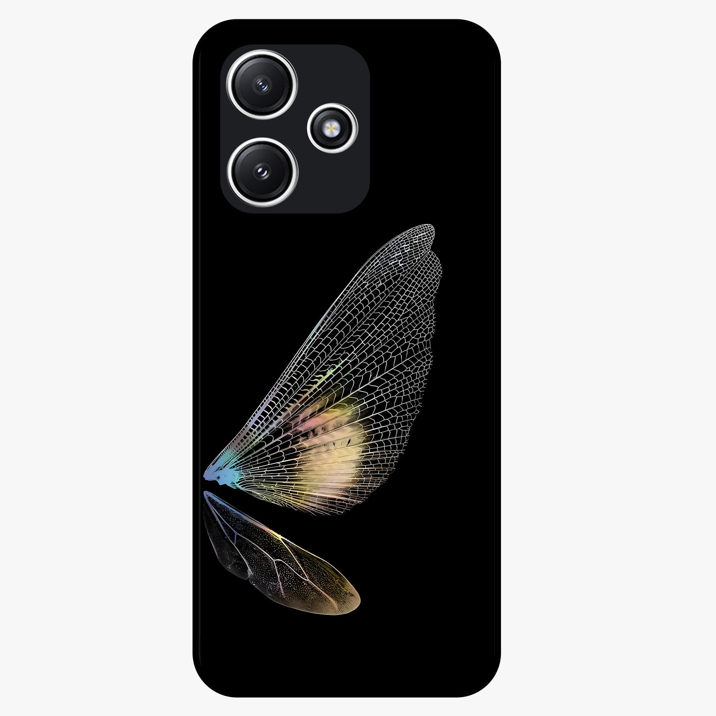 Whispers Of Wings Glass Case showing flat back view with graceful wing inspired artwork and glossy glass finish.