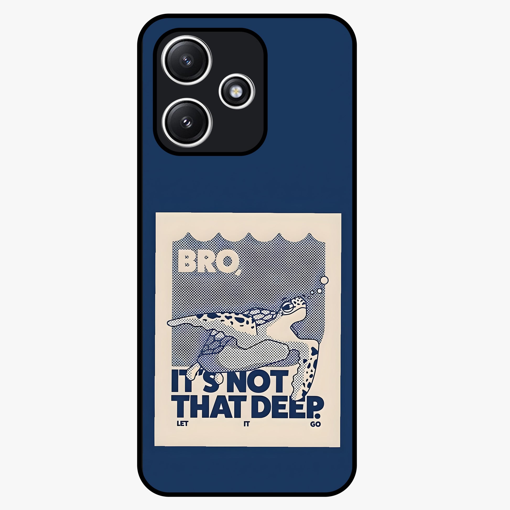 Worry Less Swim Glass Case showing flat back view with playful motivational artwork and glossy glass finish.