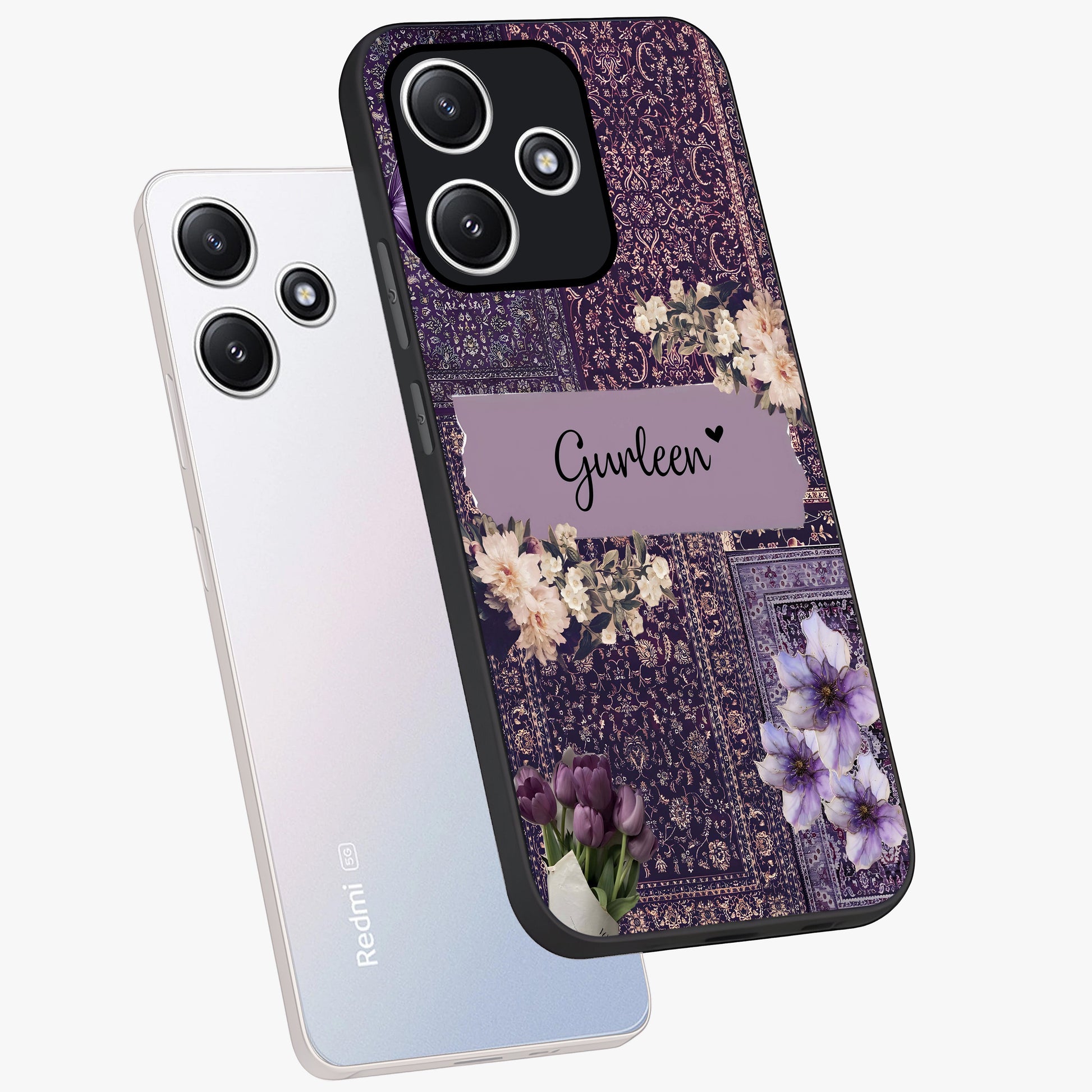 Antique Floral Whisper Custom Name Glass Case displayed in angled mockup highlighting elegant antique floral aesthetic.