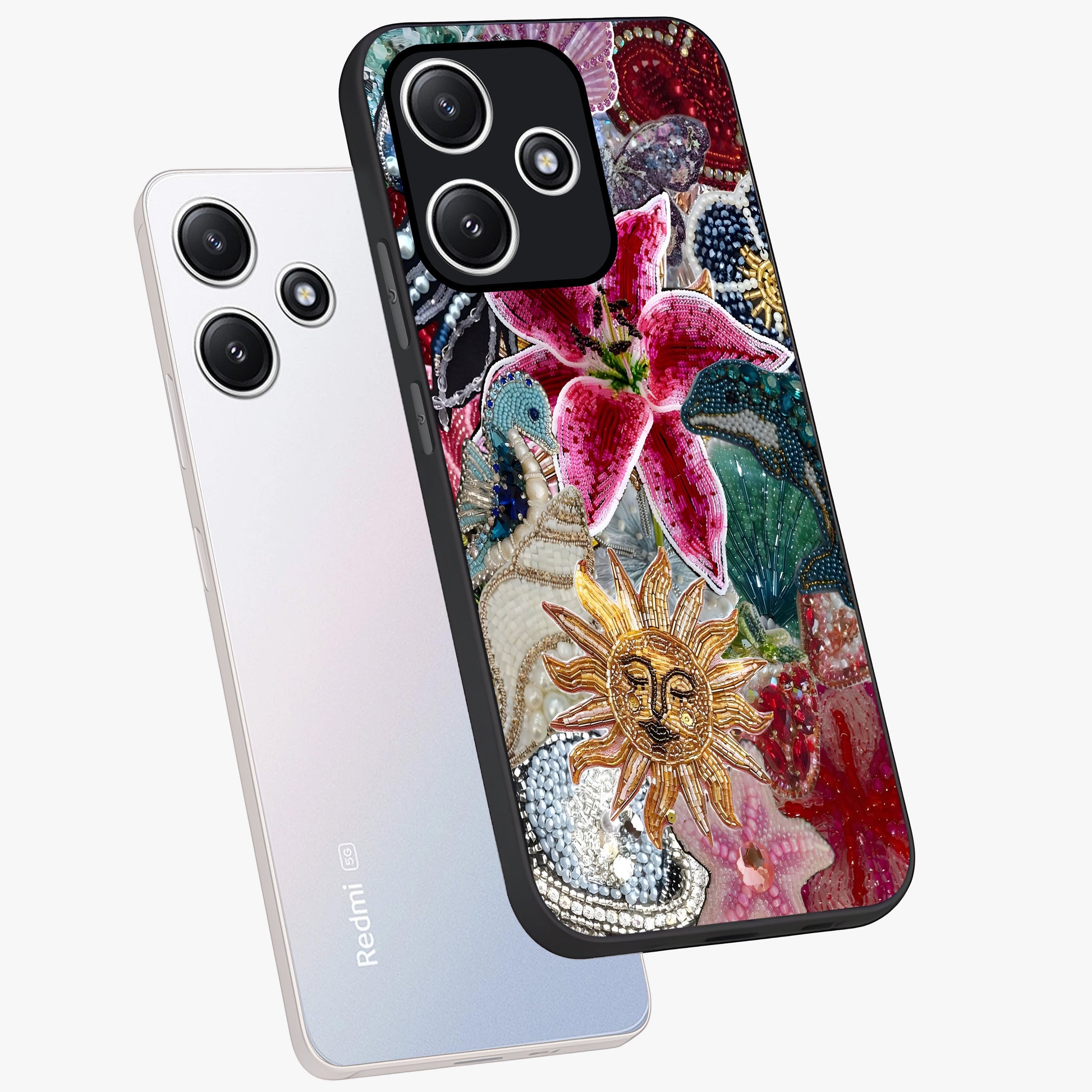 Beaded Garden Fantasy Glass Case displayed in angled mockup highlighting fantasy inspired floral bead pattern.
