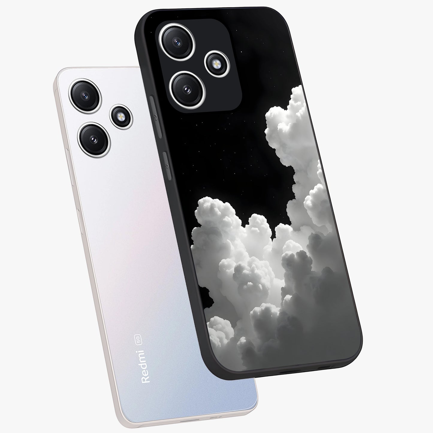 Black Background With White Cloud Glass Case displayed in angled mockup highlighting soft white cloud illustration and minimal design.