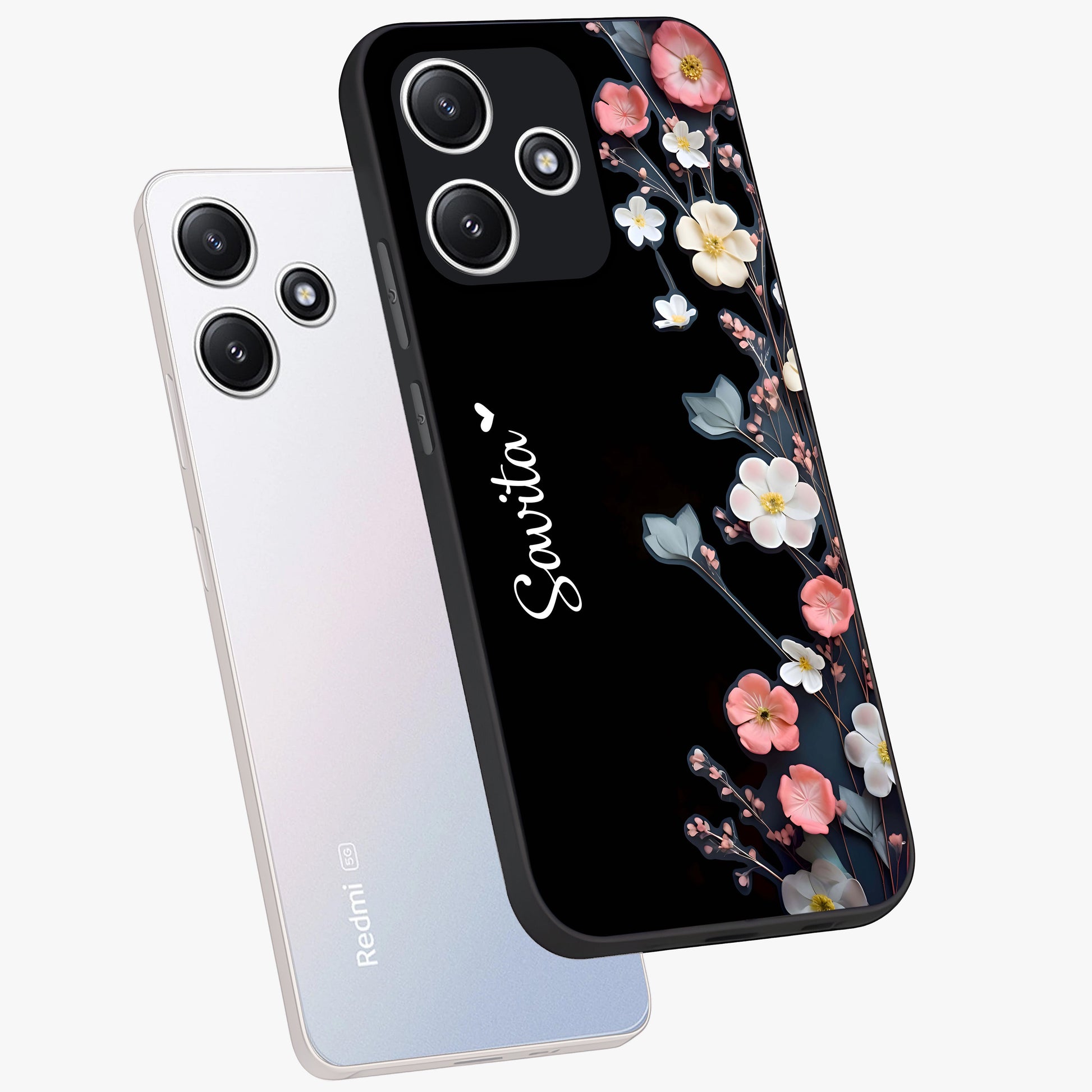 Black Elegance Floral Custom Name Glass Case displayed in angled mockup highlighting dark floral aesthetic and custom name feature.
