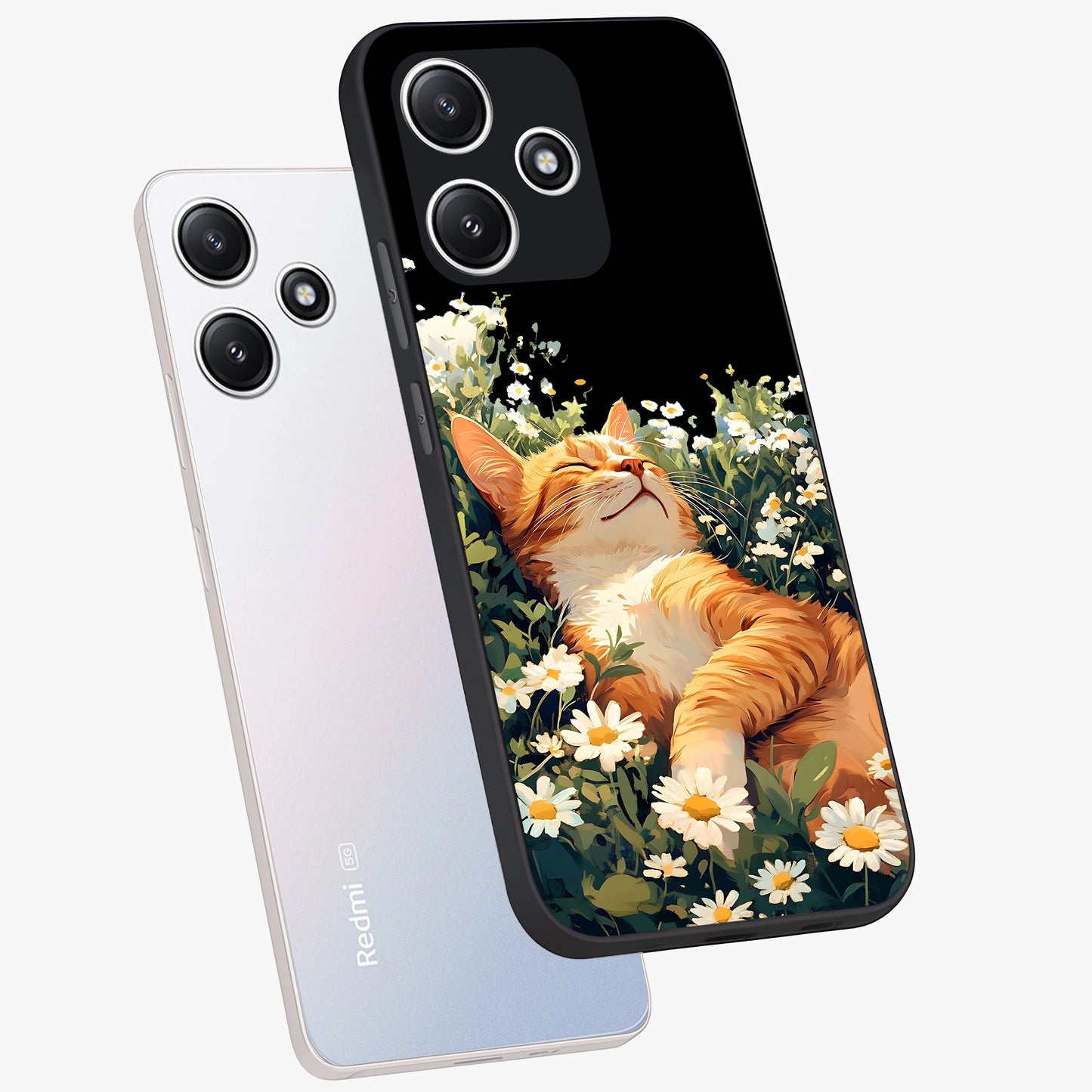 Blissful Bloom Cat Glass Case displayed in angled mockup highlighting playful feline illustration with soft floral aesthetic.