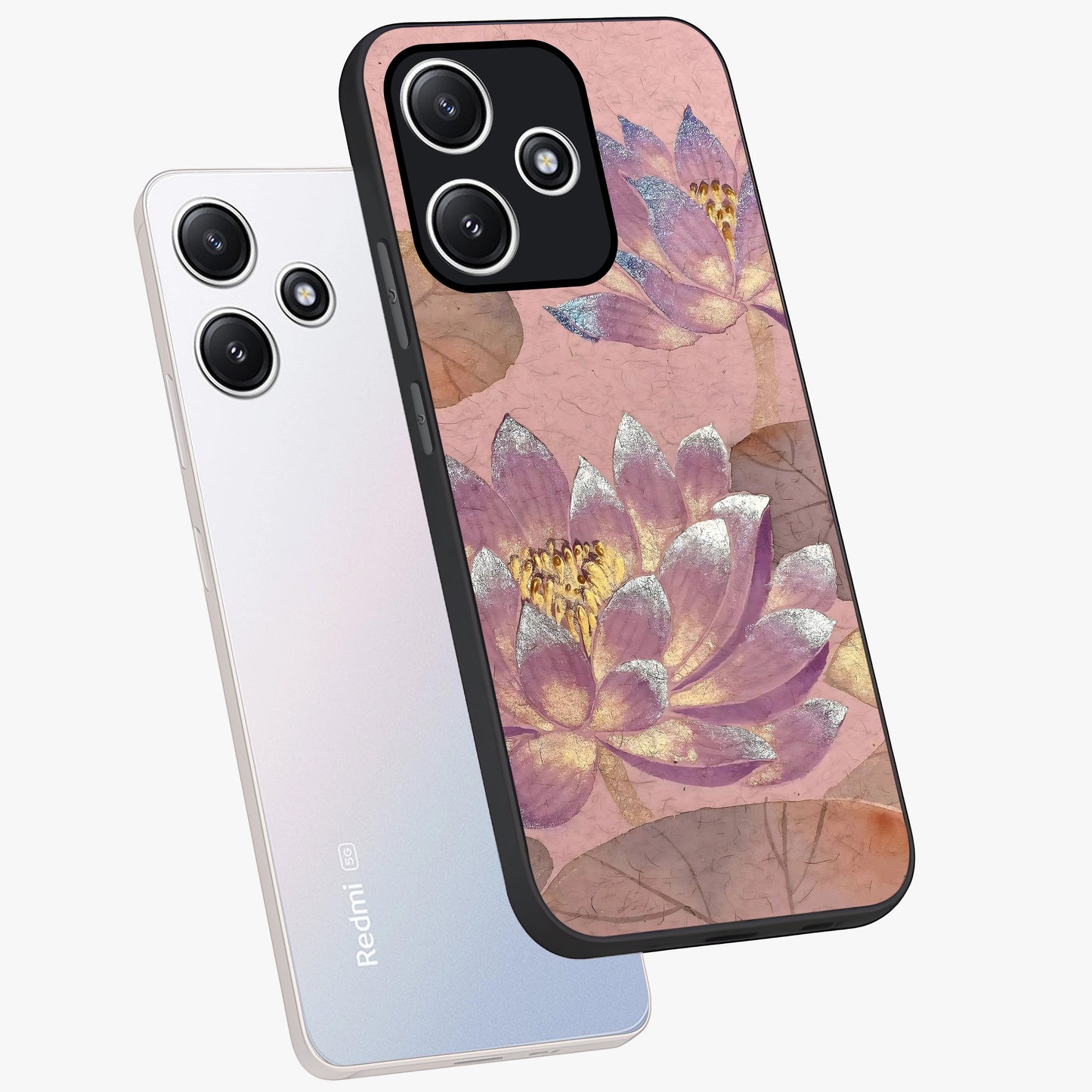 Blossom Mist Lotus Glass Case displayed in angled mockup highlighting delicate lotus illustration with calm aesthetic theme.