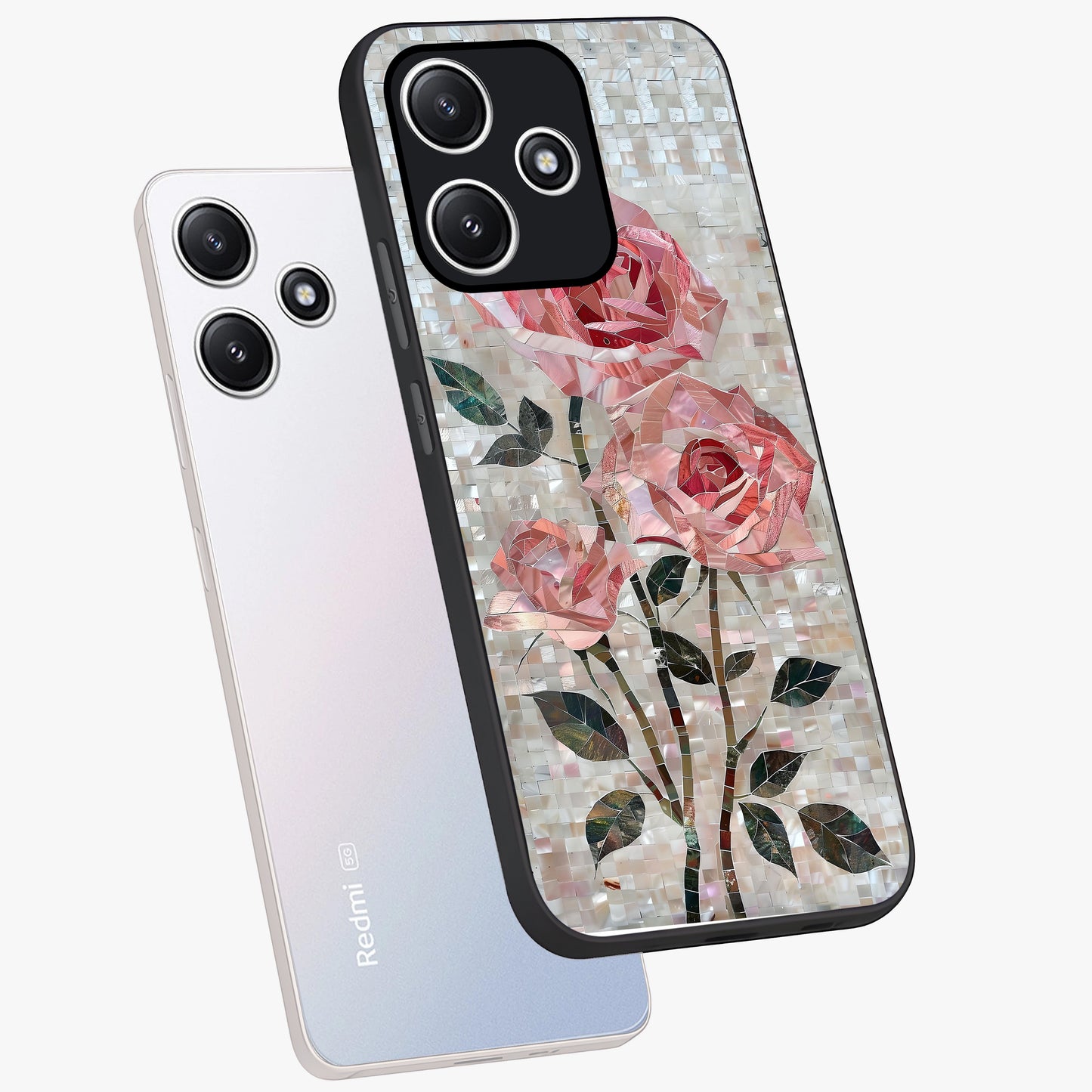 Blush Mosaic Bloom Glass Case displayed in angled mockup highlighting artistic mosaic flower pattern with aesthetic design.