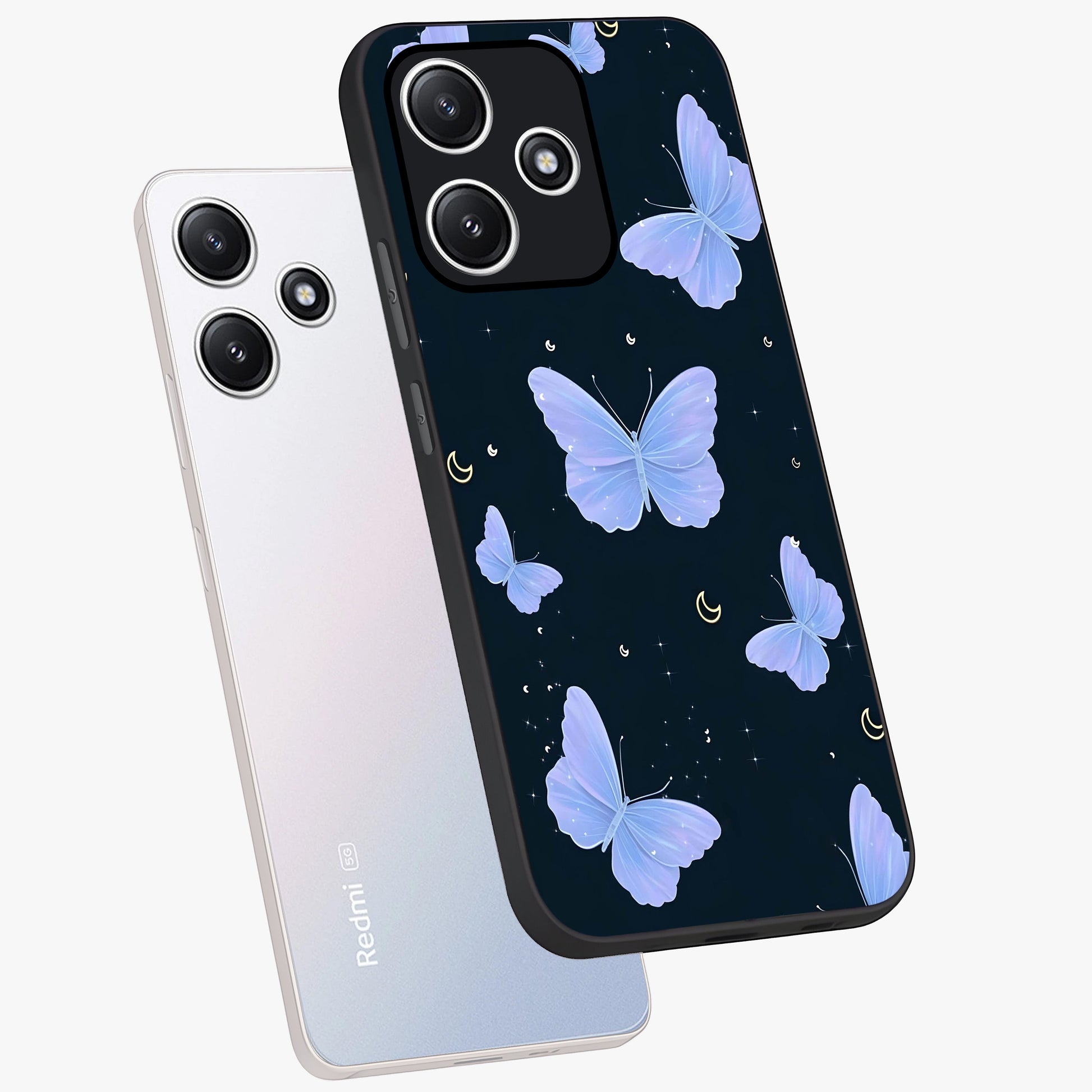 Butterfly With Stars Pattern Glass Case displayed in angled mockup highlighting dreamy butterfly and star design with aesthetic theme.