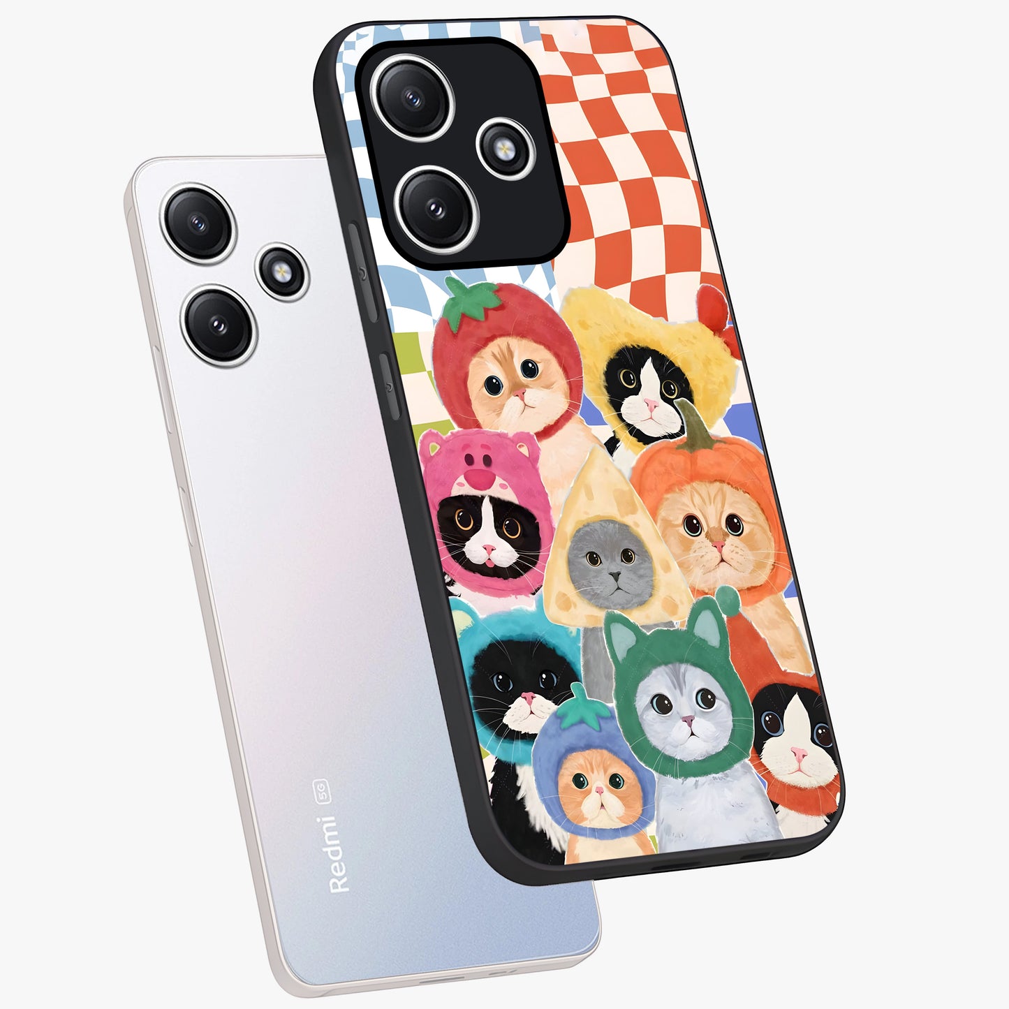 Cats in Fruits Glass Case displayed in angled mockup highlighting cute feline fruit design with colorful aesthetic style.