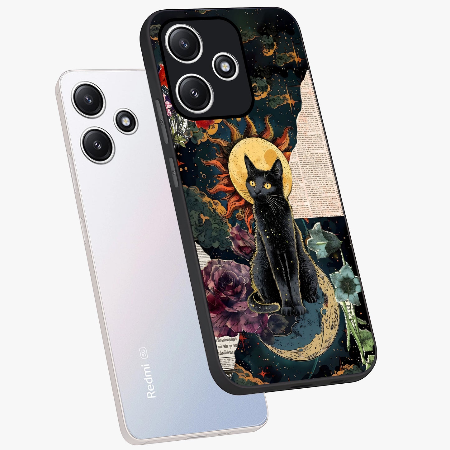 Celestial Black Cat Glass Case displayed in angled mockup highlighting cosmic black cat design with celestial aesthetic.