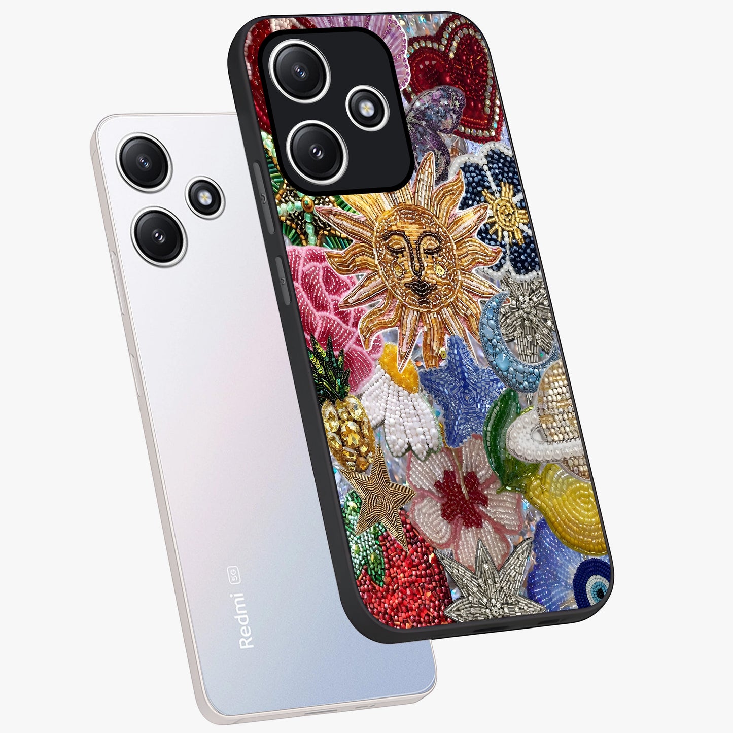 Celestial Floral and Playful Glass Case displayed in angled mockup highlighting playful floral design with dreamy celestial elements.