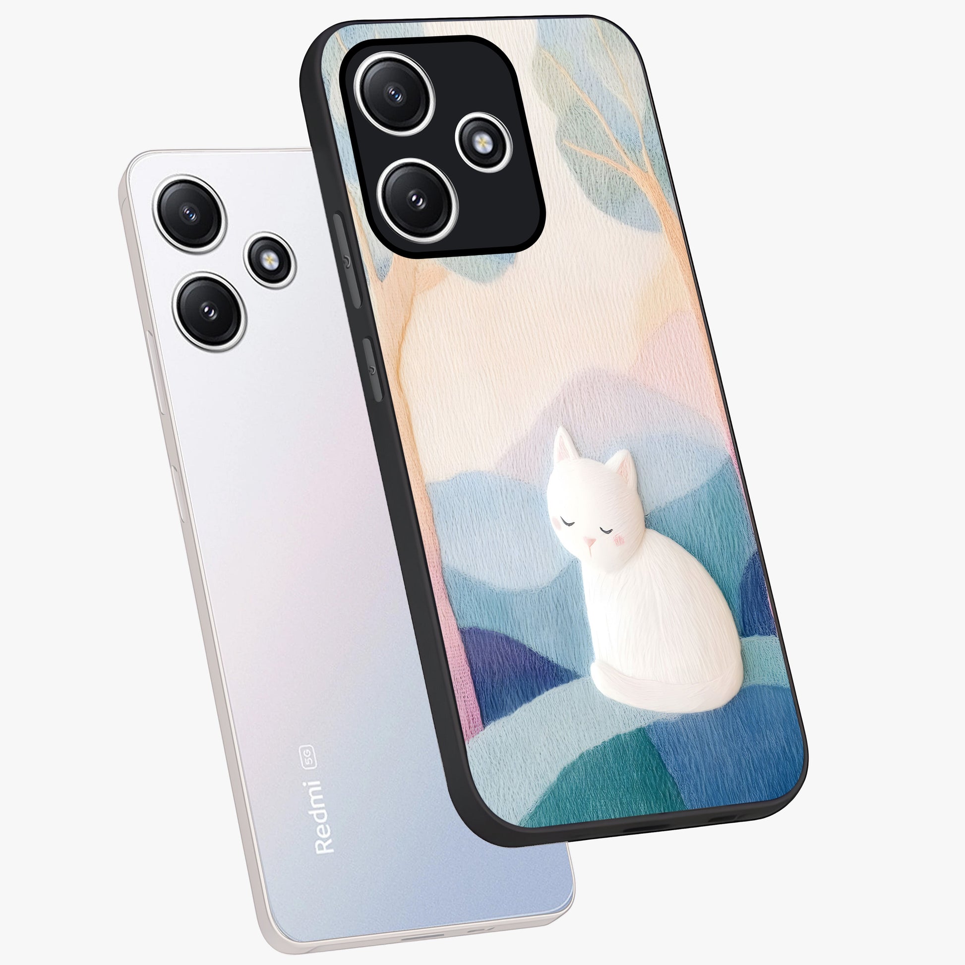 Cotton Dream Cat Glass Case displayed in angled mockup highlighting cute feline illustration with pastel aesthetic style.