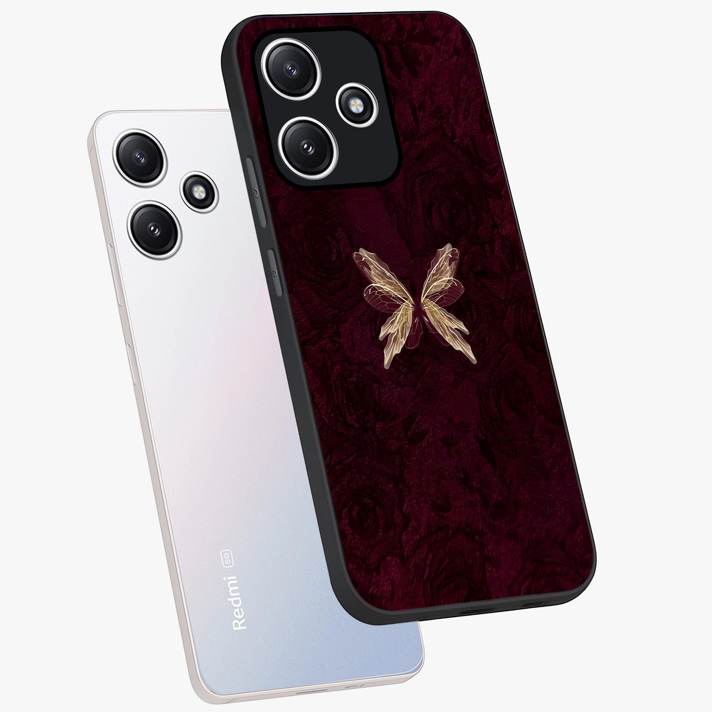 Crimson Fade Butterfly Glass Case displayed in angled mockup highlighting elegant butterfly design with crimson gradient aesthetic.