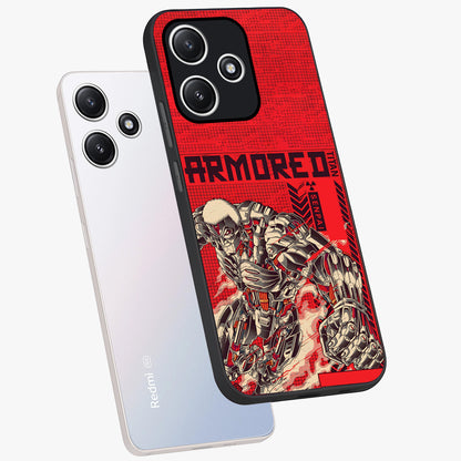 Crimson Mecha Titan Glass Case displayed in angled mockup highlighting futuristic mech illustration with bold crimson aesthetic.