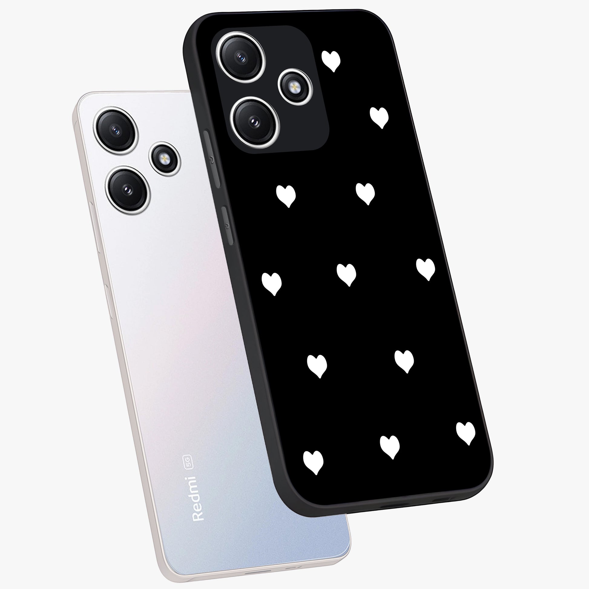 Cute And Simple White Hearts Glass Case displayed in angled mockup highlighting cute heart design with clean aesthetic style.