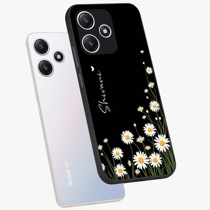 Daisy Cascade Custom Name Glass Case displayed in angled mockup highlighting delicate daisy artwork with custom name feature.