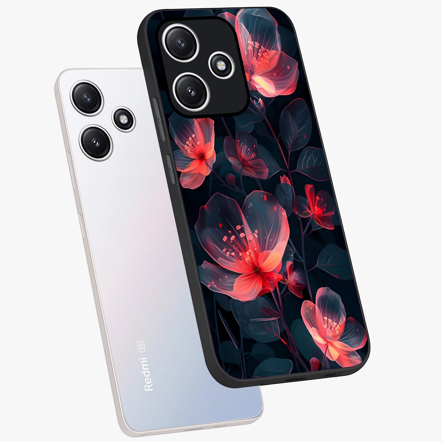 Dark Shade of Flower Glass Case displayed in angled mockup highlighting moody floral illustration with aesthetic dark tones.