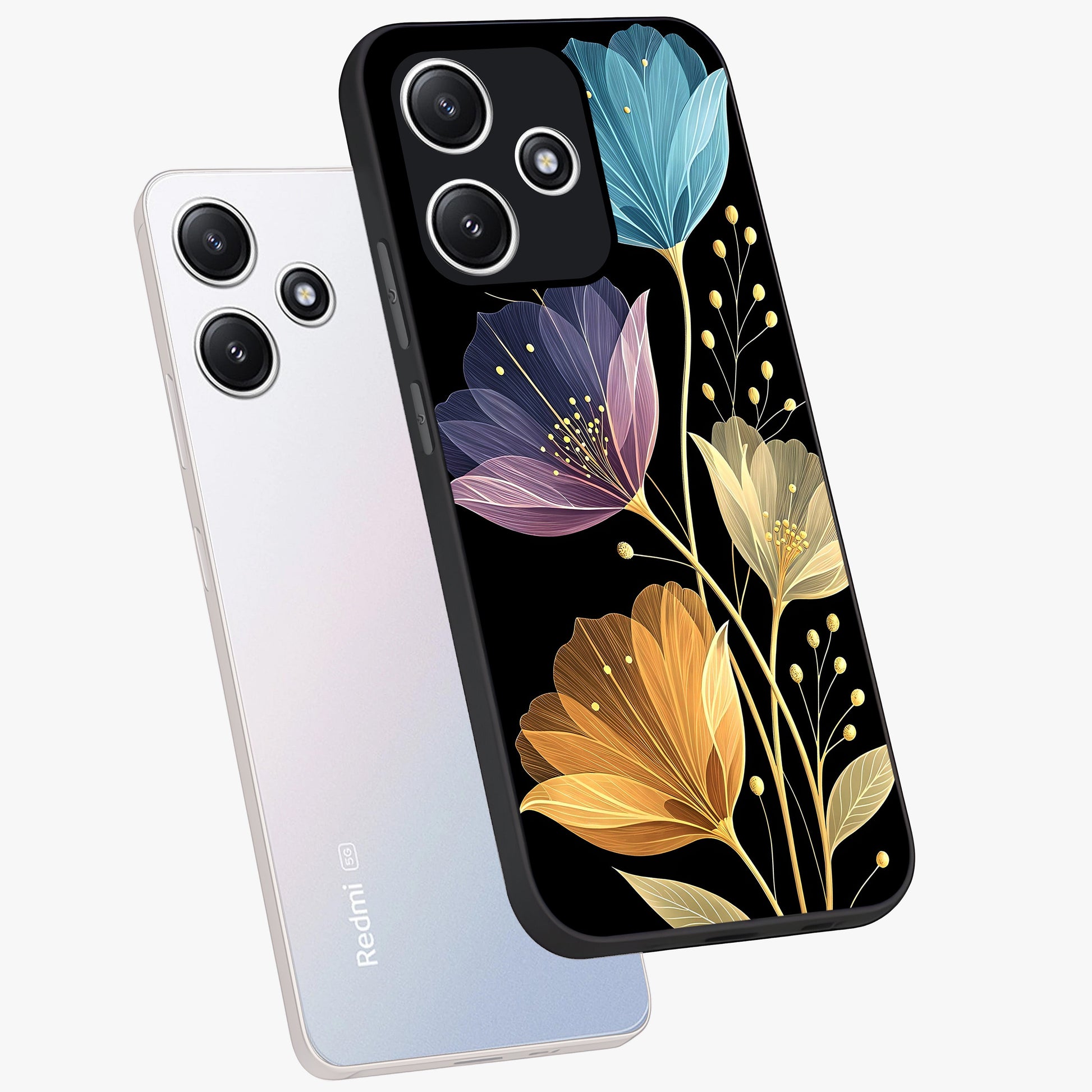 Delicate Multicolor Flowers Glass Case displayed in angled mockup highlighting colorful flower pattern with soft aesthetic style.