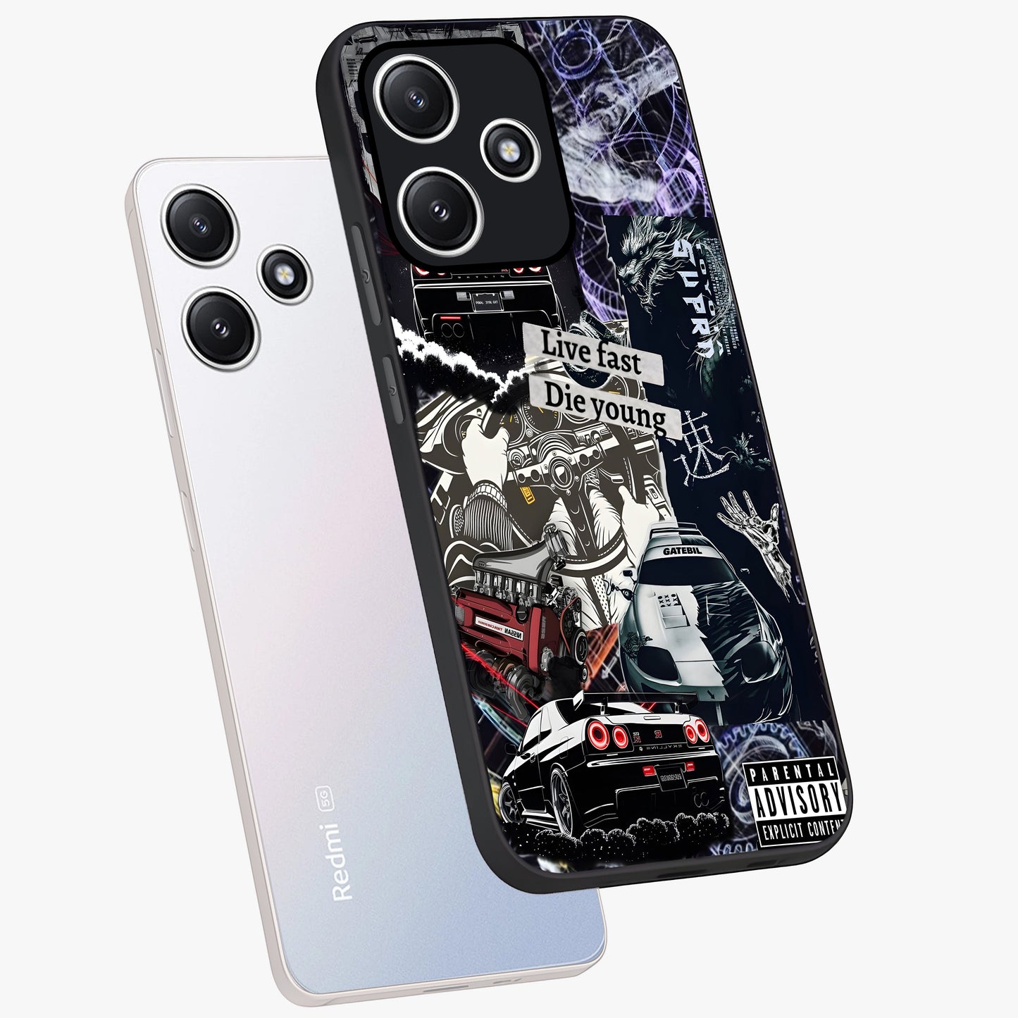 Die Young Glass Case displayed in angled mockup highlighting expressive graphic artwork with edgy aesthetic style.
