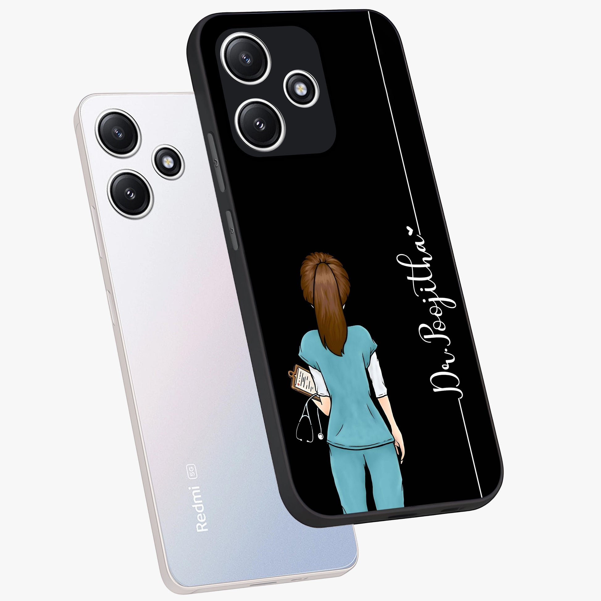 Doctor Pattern Custom Name Glass Case displayed in angled mockup highlighting doctor inspired artwork with custom name feature.