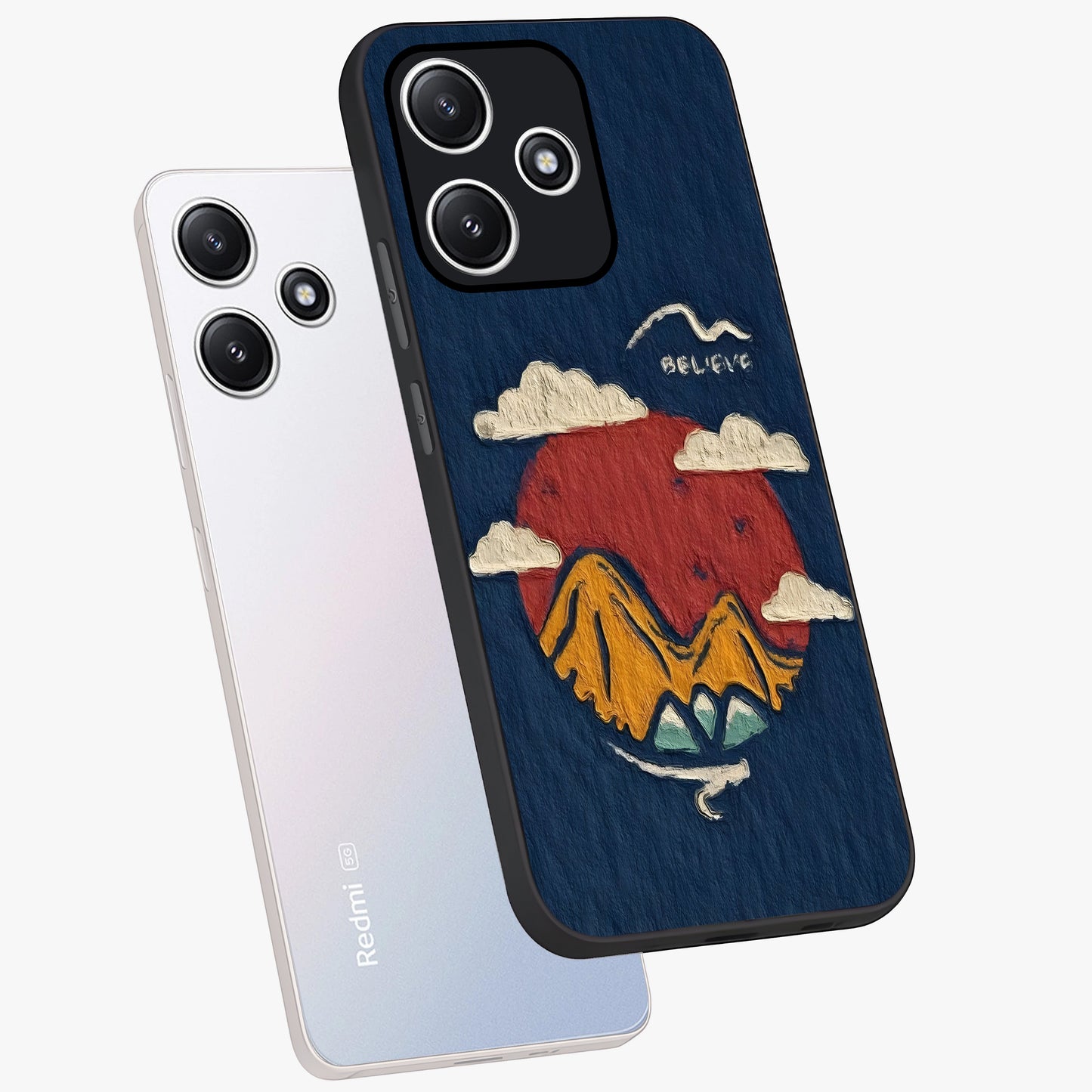 Dream Beyond Mountains Glass Case displayed in angled mockup highlighting dreamy mountain illustration with peaceful aesthetic.